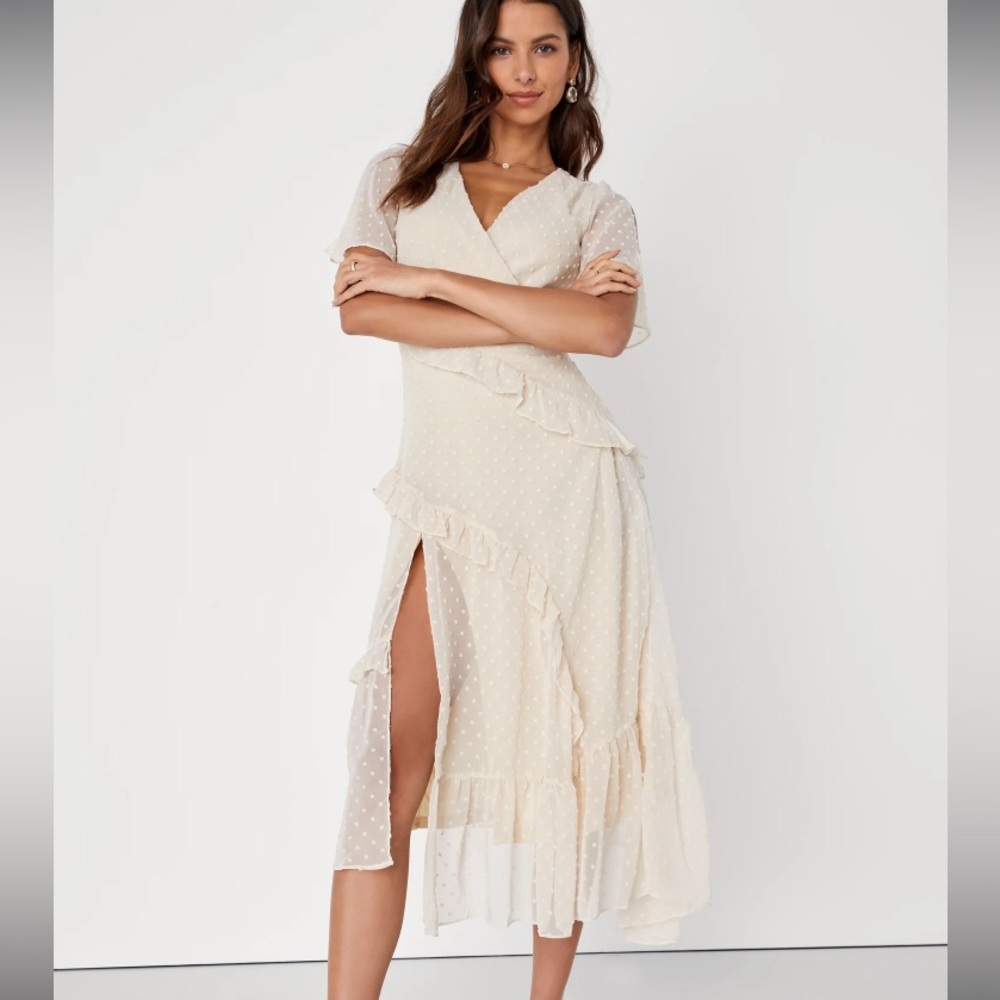 Lulus Next to You Burgundy Dot Ruffled Midi Dress